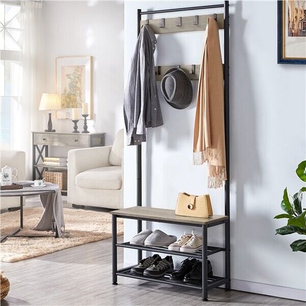 Industrial Coat Rack Stand W/shoe Bench 185cm Shoe Clothes Rack For