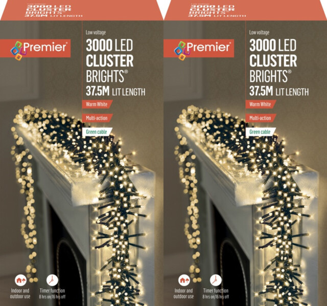 2x Premier 3000 Led Cluster Indoor Outdoor Christmas Tree Light Timer