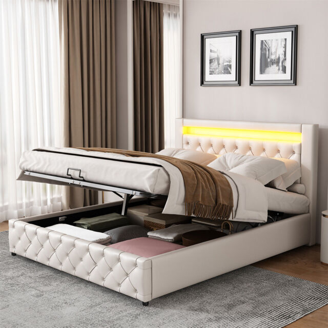 Led Bed Frame Faux Leather Gas Lift Up Ottoman Storage Bed 4ft6 Double