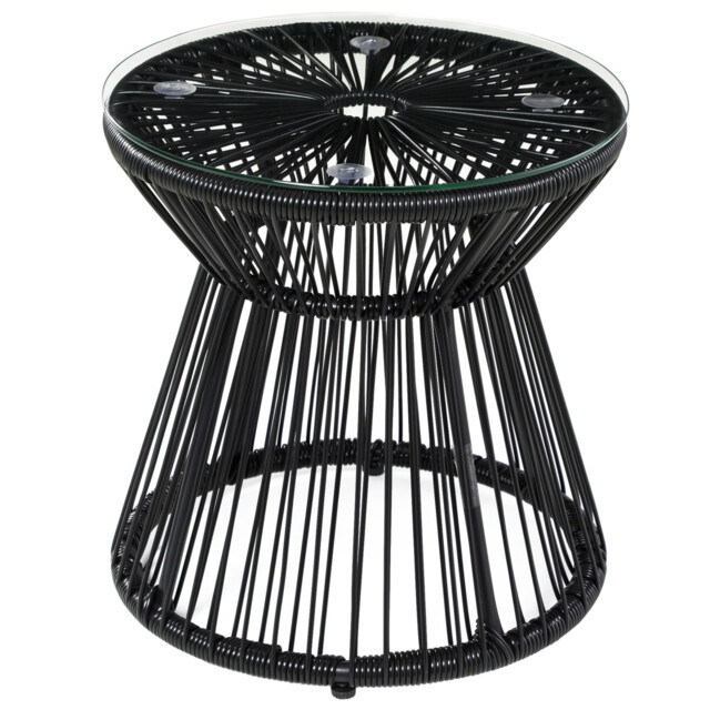 Garden Table Black 40cm Steel Pe Rattan Round Tempered Glass Side