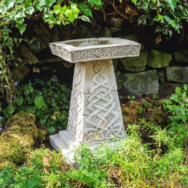 Solid Stone Cast Bird Bath Celtic Ancient Design Uk Handmade Dgs
