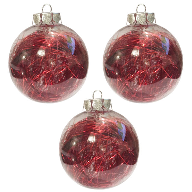 Set Of 3 Christmas Decoration Luxury 80mm Red Lametta Filled Bauble