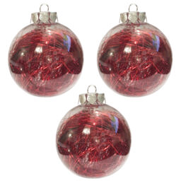 Set Of 3 Christmas Decoration Luxury 80mm Red Lametta Filled Bauble