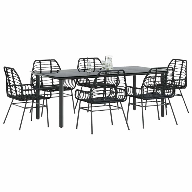 7 Piece Garden Dining Set Black Poly Rattan Glass Vidaxl