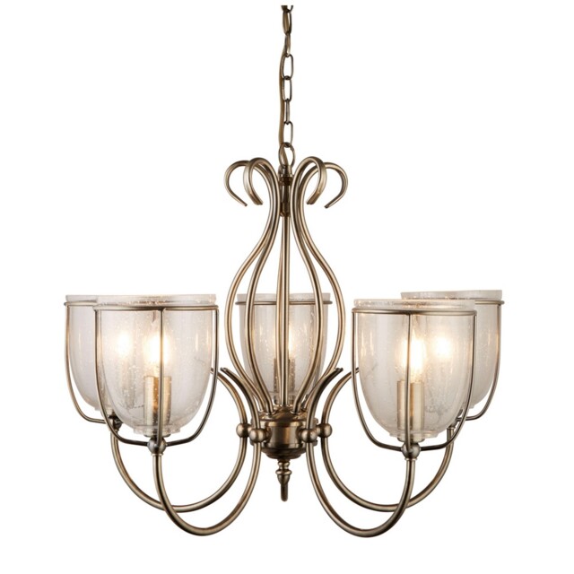 5 Lights Antique Brass Ceiling Fitting Pendant Light With Seeded Glass