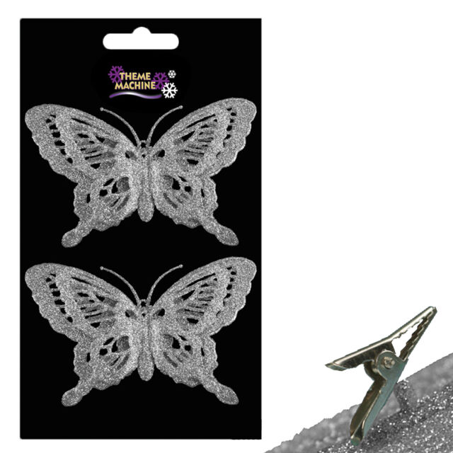 Christmas 2 Pack Clip On Glitter Butterfly Tree Decoration - Silver