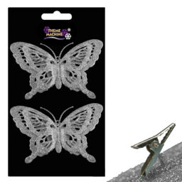 Christmas 2 Pack Clip On Glitter Butterfly Tree Decoration - Silver