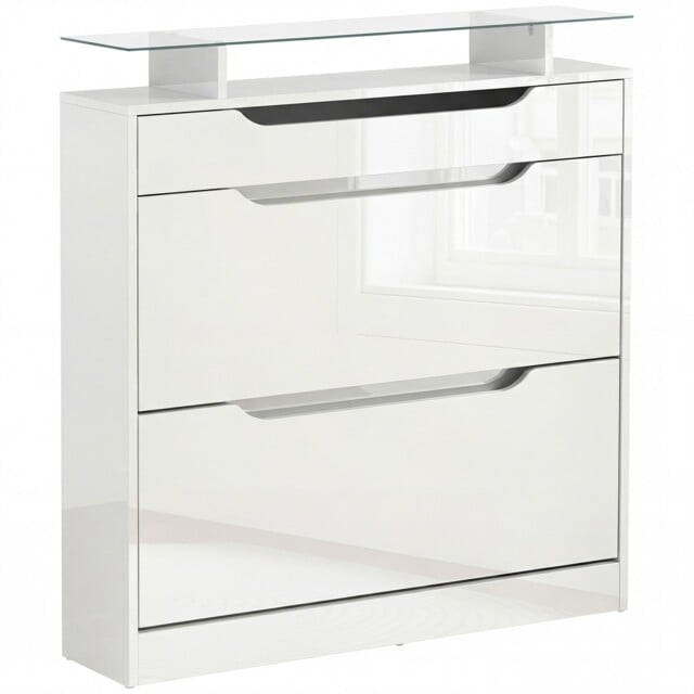 Homcom Shoe Cabinet With 3 Drawers, High Gloss Front Panels, Glass Top