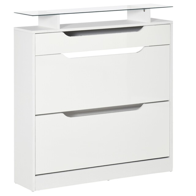 Homcom Shoe Cabinet With 3 Drawers, High Gloss Front Panels, Glass Top