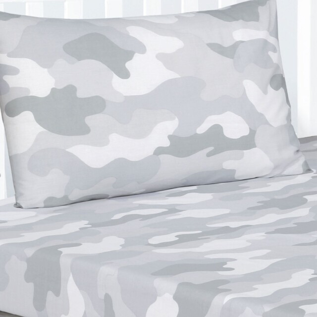Army Camouflage Double Fitted Sheet & 2x Pillowcases Grey - 3 Piece