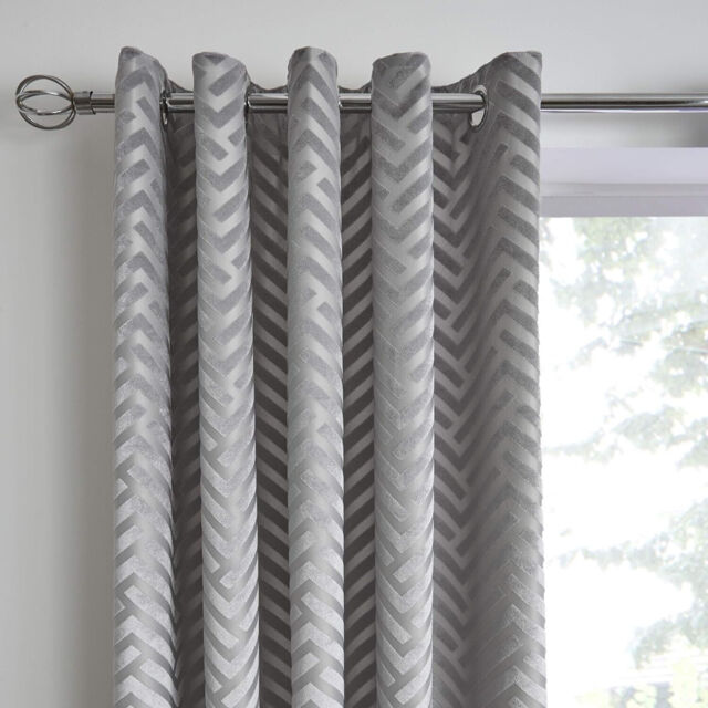 "Caprice Silver Faye Tufted Chevron Pair Of Eyelet Curtains - 46"" Width"