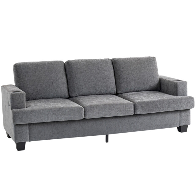 Sofa 3-seater Grey Chenille 213x82x90cm Usb Ports Cupholders Foam