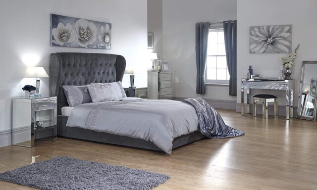 Dakota Fabric Winged End Lift Ottoman Bed 4ft 6 Double Pewter Grey