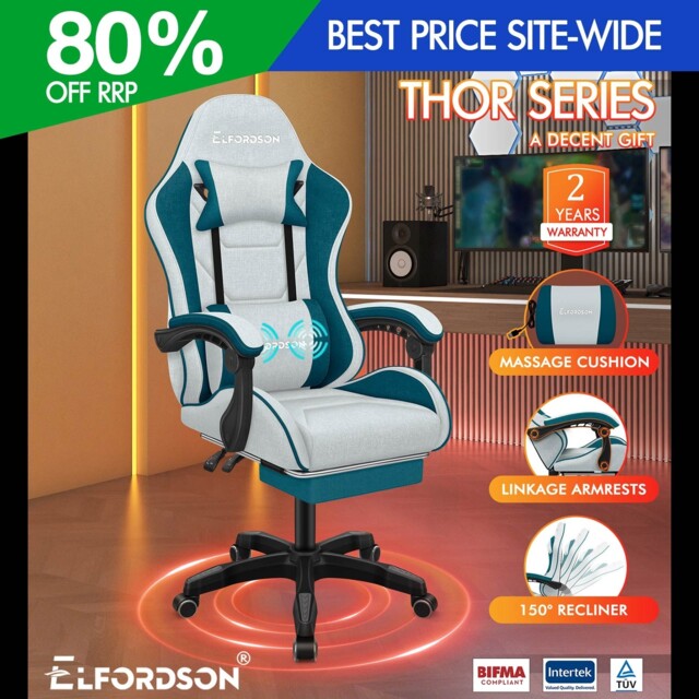 Elfordson Gaming Chair Recliner Massage Cushion Footrest Padded