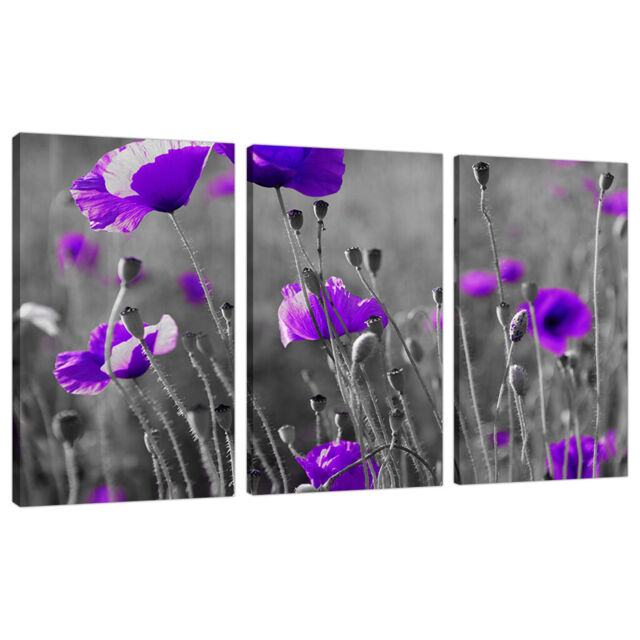 Set Of Three Part Purple Floral Canvas Wall Art Pictures Bedroom 3136