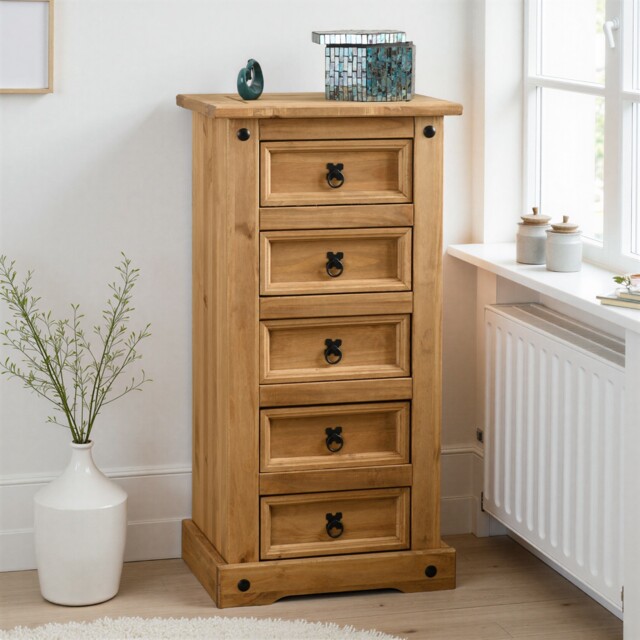 Corona 5 Drawer Narrow Chest Bedroom Storage Wax Solid Wood Pine