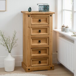 Corona 5 Drawer Narrow Chest Bedroom Storage Wax Solid Wood Pine