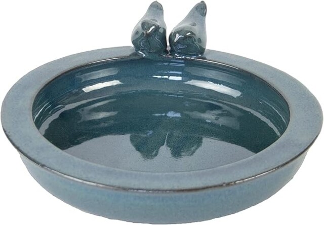 Round Ceramic Bird Bath Blue Glaze Garden Outdoor Seed Feeder Bowl