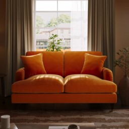 Orange Velvet Sofa 2 Seater With Saddle Arms Wood Legs Foam Filled