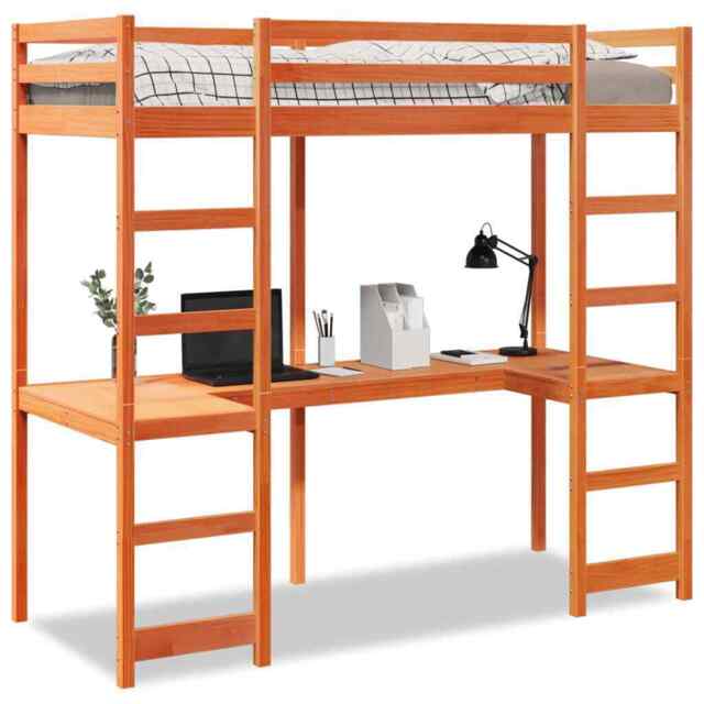 Loft Bed Frame With Desk Wax Brown 80x200 Cm Solid Wood Pine Vidaxl