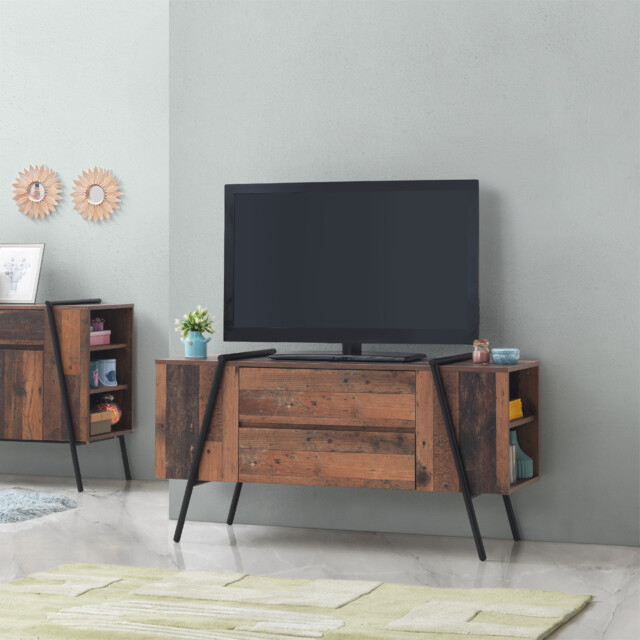 Tv Cabinet Stand With 2 Drawers 4 Shelves Rustic Oak Effect Living