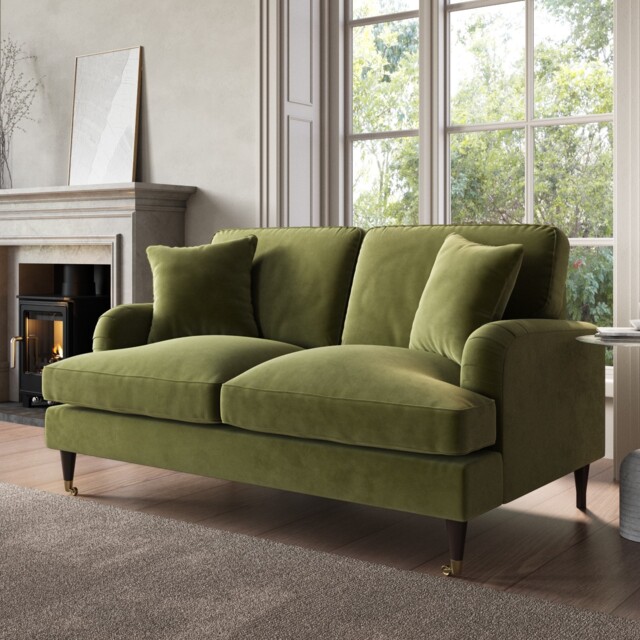 Green Velvet Sofa 2 Seater With Ruched Saddle Arms Wooden Gold Legs