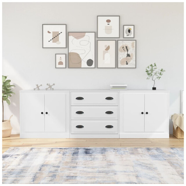 Sideboard 70x35.5x67.5cm White Engineered Wood 3 Drawers 4 Pvc Doors