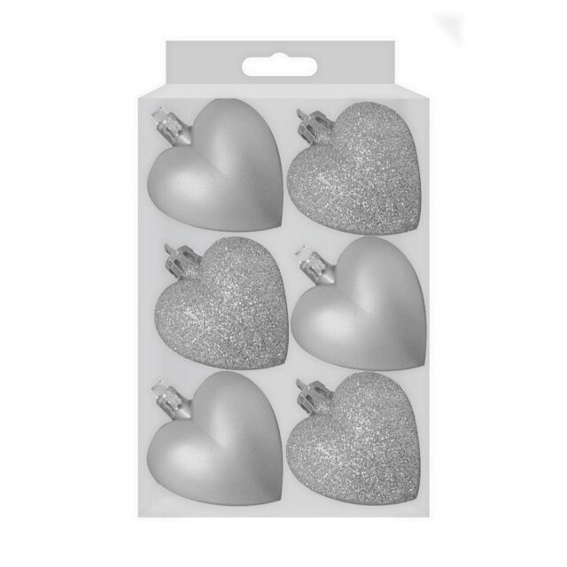 6 Heart Shaped Silver Glitter Matt Xmas Bauble Decor Tree Party
