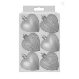 6 Heart Shaped Silver Glitter Matt Xmas Bauble Decor Tree Party