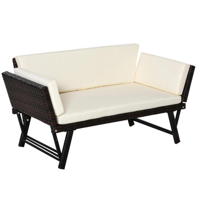 2 In 1rattan Folding Chaise Lounger W/ Cushion For Garden Daybed Beige
