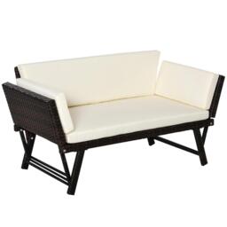 2 In 1rattan Folding Chaise Lounger W/ Cushion For Garden Daybed Beige