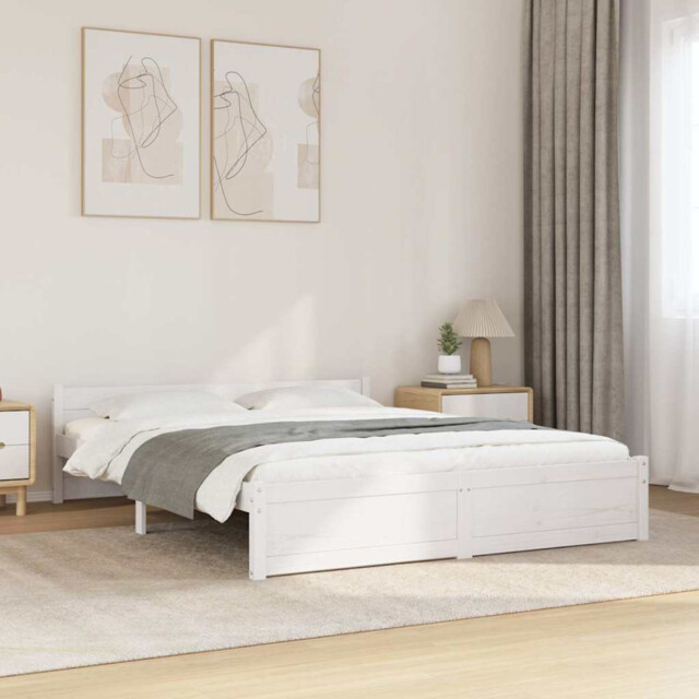 Bed Frame 160x200 White Solid Pine Slatted Base Modern Minimalist Easy