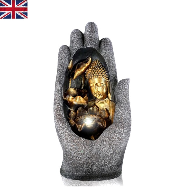 Cascading Palm Buddha Fountain With Led Lights - Tranquil Garden Water