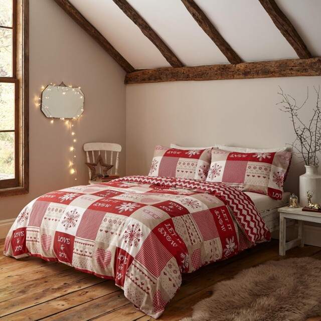 Christmas Let It Snow Single Duvet Cover And Pillowcase Red Natural