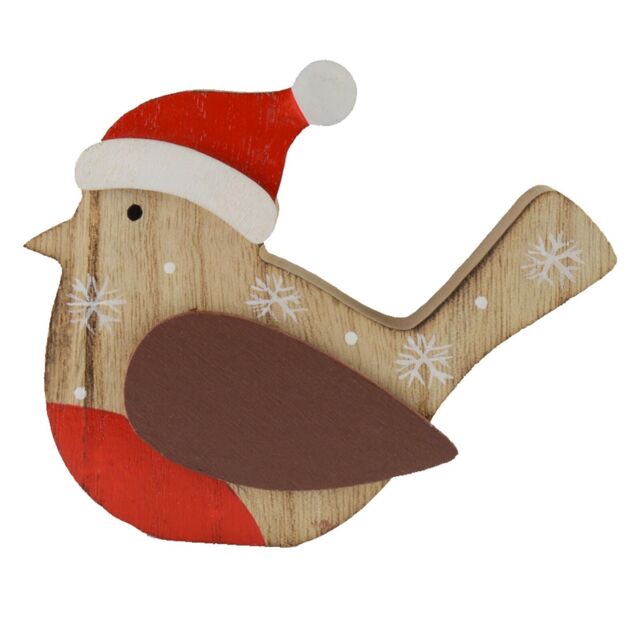 Christmas Wooden Robin Bird Ornament Decoration With Santa Hat