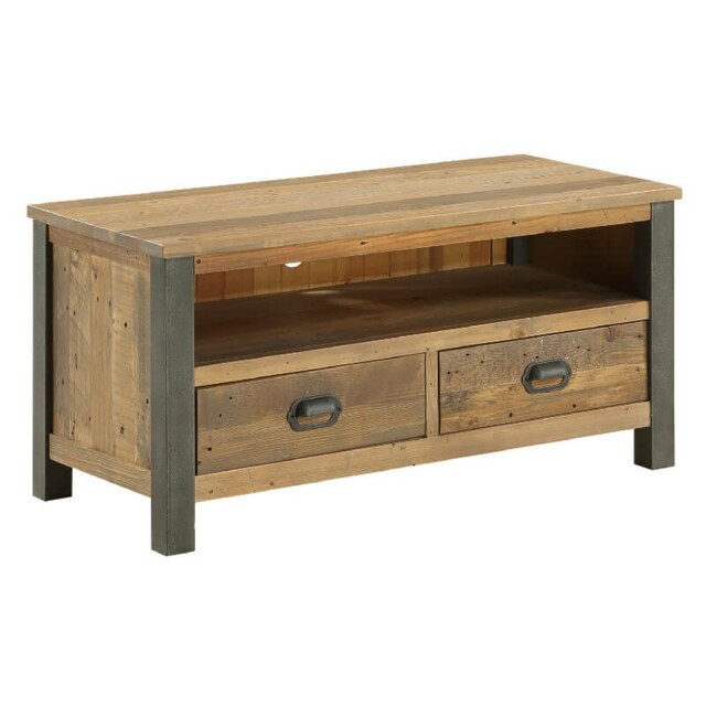Reclaimed Wood & Steel Tv Unit Fully Built 2 Drawer Rustic Industrial