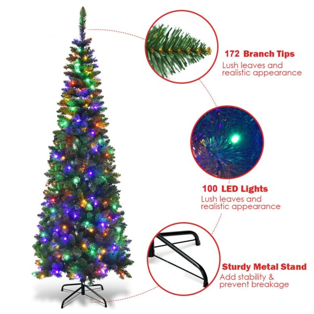 Christmas Tree Pre Lit Slim Pencil Green Artificial Bushy Pine Xmas