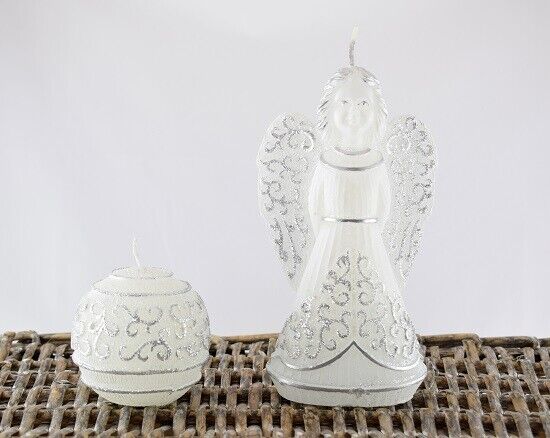 Christmas Candles Set Led Lights Of 2 Angel & Ball Silver