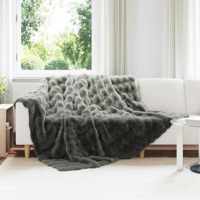 Faux Rabbit Fur Blanket Dark Grey 220 X 240 Cm Polyester Vidaxl