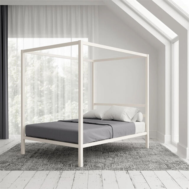 Modern Metal Canopy Four Post Double Bed In White By Dorel