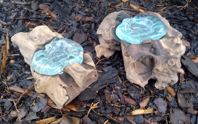 2 X Molten Glass Candle Holder On Rustic Teak Wood Root Planter