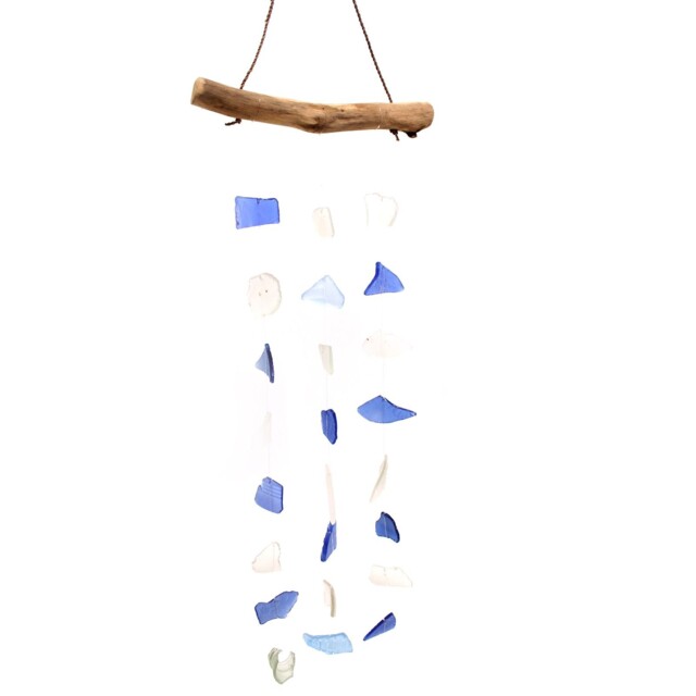 Handmade Glass Wind Chimes Blue White Driftwood Bali Eco Gift Recycled