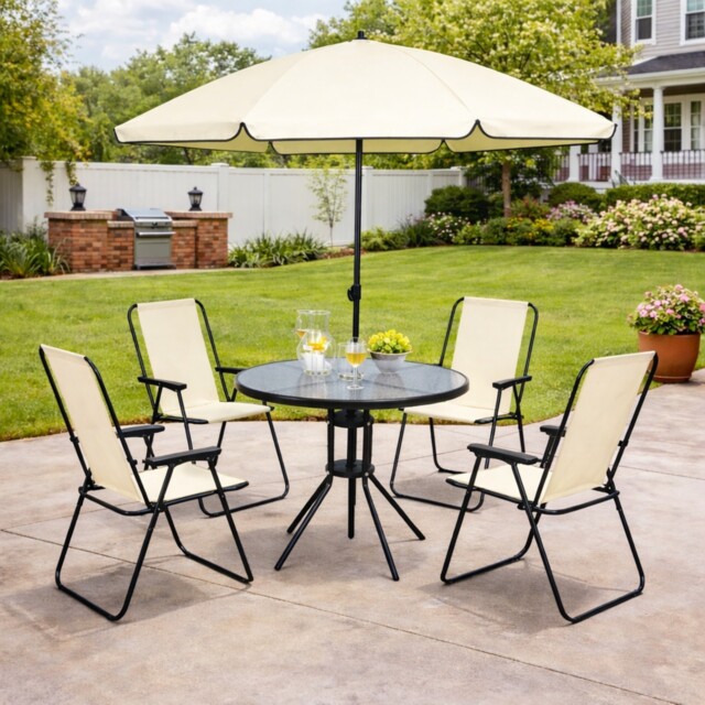 Cream 4 Seater Outdoor Patio Dining Set With Parasol Folding Chairs &