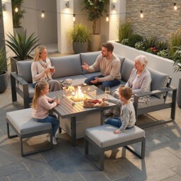 6pcs Outdoor Furniture Set, Garden Corner Sofa With Fire Pit Table,
