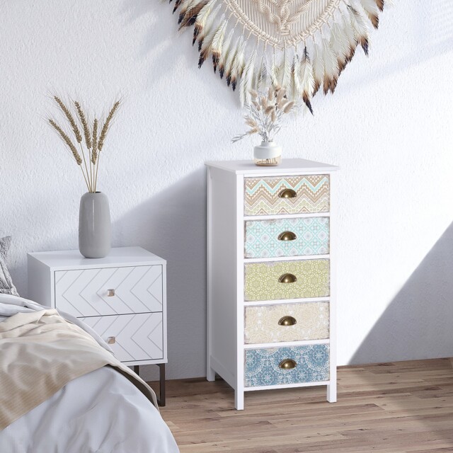 Storage Chest Unit 5 Drawer Retro Style Bedroom Desktop Wood White