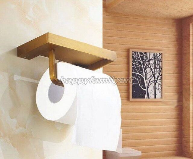 Bathroom Antique Brass Wall Mounted Toilet Paper Roll Holder & Shelf