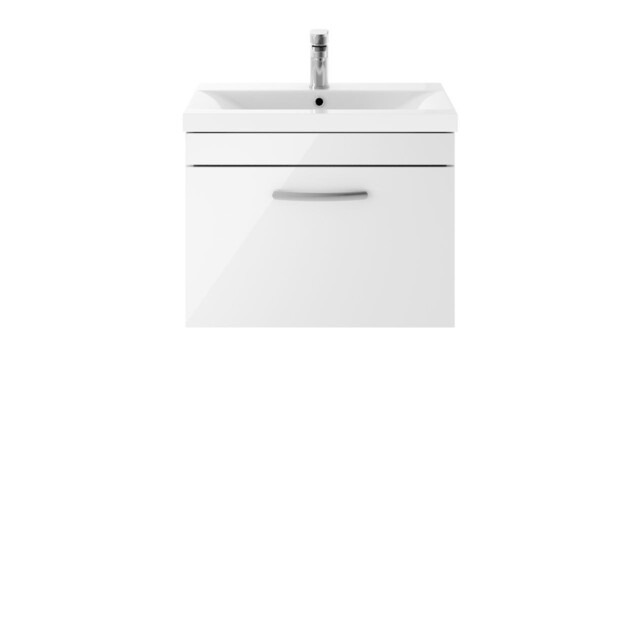 Nuie Athena Gloss White 600mm Wall Hung Single Drawer Vanity Unit And