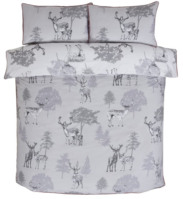 Christmas Woodland Stag Double Duvet Cover Set - Elegant Grey Piped