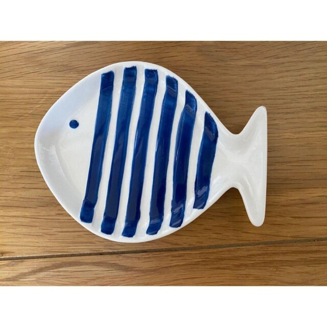 Dunelm Ceramic Fish Trinket Dish White Blue Stripe Coastal Jewellery