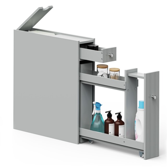 Slim Bathroom Storage Unit, Grey Compact Freestanding Cabinet, Vonhaus